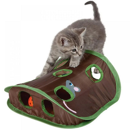 Interactive Cat Treat Maze and Puzzle Toy with 9 Mouse Holes, Bell Ball, and Folding Design for Intelligent Training