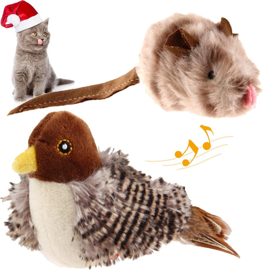 Chirping Bird Cat Toy Set, Interactive Chasing Toy for Indoor Cat, Motion Activated Kitten Play Toy, Squeaky Cat Animal Feather Toy for All Breeds Cat Kicker